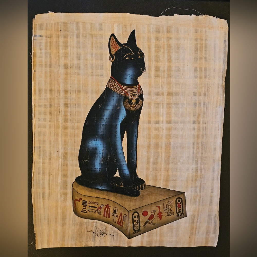 Authentic Hand Painted Ancient Egyptian Papyrus-Cat Goddess Bastet  - 13.5 X 16”